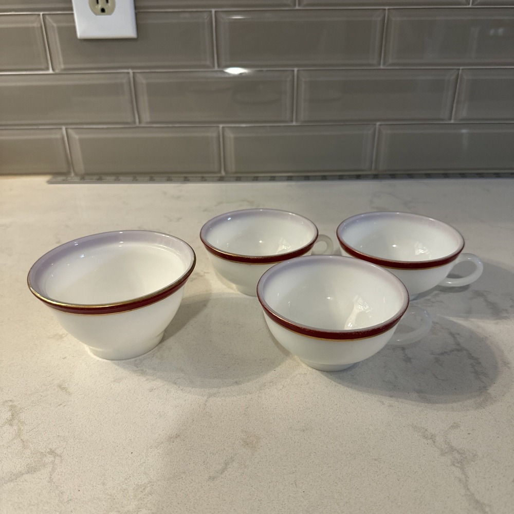 PYREX USA WHITE MILK GLASS BURGUNDY W/ GOLD BAND OPEN SUGAR BOWL & 3 TEA CUPS